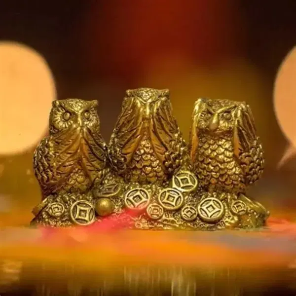 Feng Shui Three Golden Owls For Good Luck And Decoration