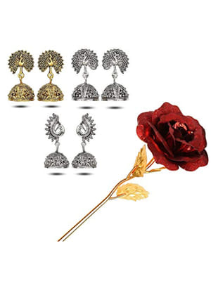 Valentine Gifts for Her : YouBella Jewellery Combo of Gold plated Rose Flower and Jhumka Earrings for Girls/Women