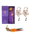 YouBella Combo of Multicolour Gold Plated Rose Flower, Crystal Floral Fancy Earrings for Girls and Women and Peacock Feather Adjustable Ring