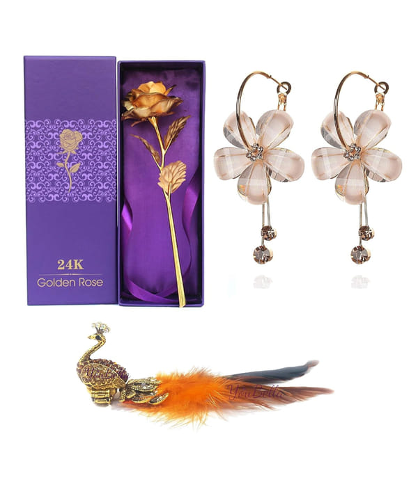 YouBella Combo of Multicolour Gold Plated Rose Flower, Crystal Floral Fancy Earrings for Girls and Women and Peacock Feather Adjustable Ring
