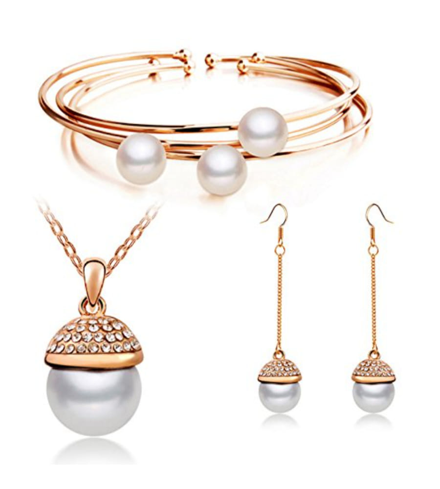 Valentine YouBella Fashion Jewellery Crystal Pearl Combo Pendant Necklace Set, Bangle Bracelet and Fancy Earrings for Women and Girls