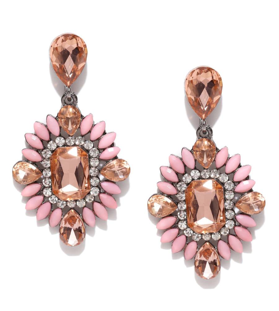 YouBella Pink  Peach-Coloured Stone-Studded Drop Earrings