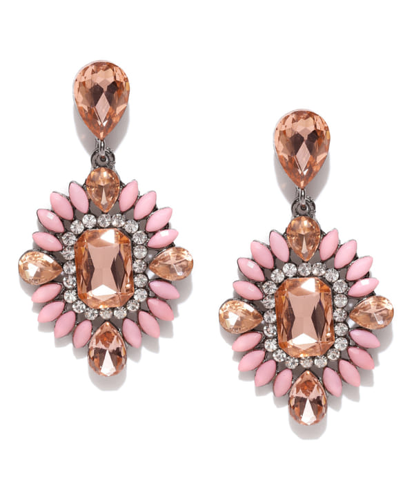 YouBella Pink  Peach-Coloured Stone-Studded Drop Earrings