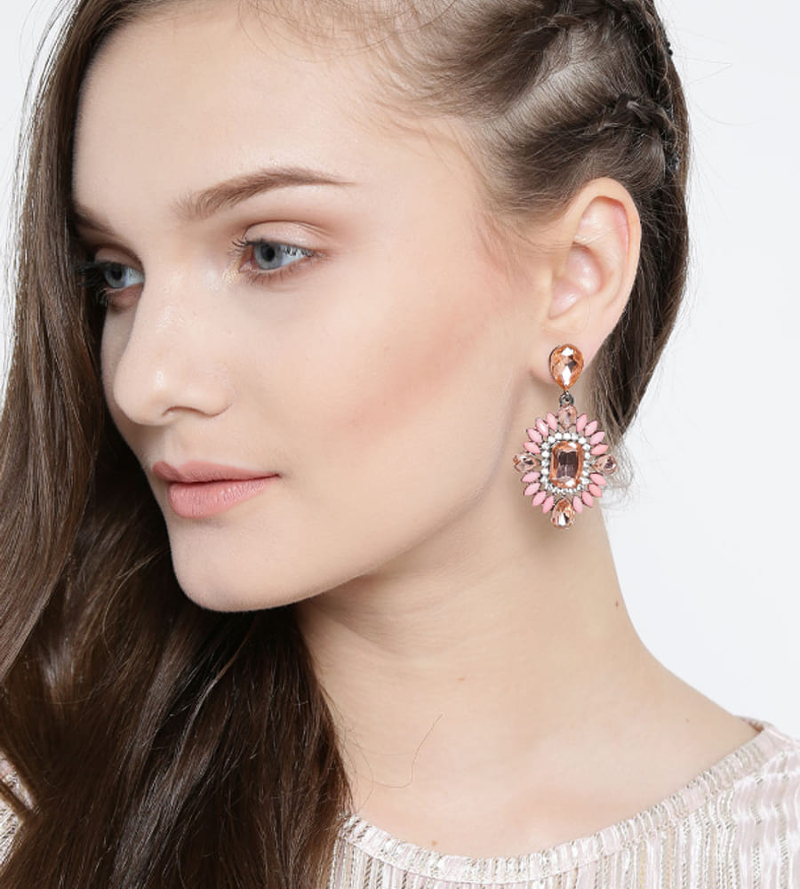 YouBella Pink  Peach-Coloured Stone-Studded Drop Earrings