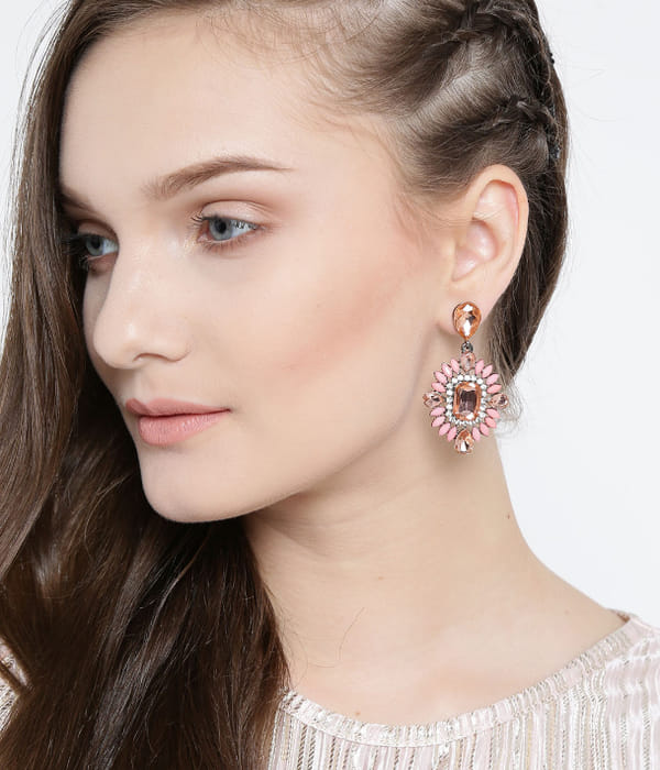 YouBella Pink  Peach-Coloured Stone-Studded Drop Earrings
