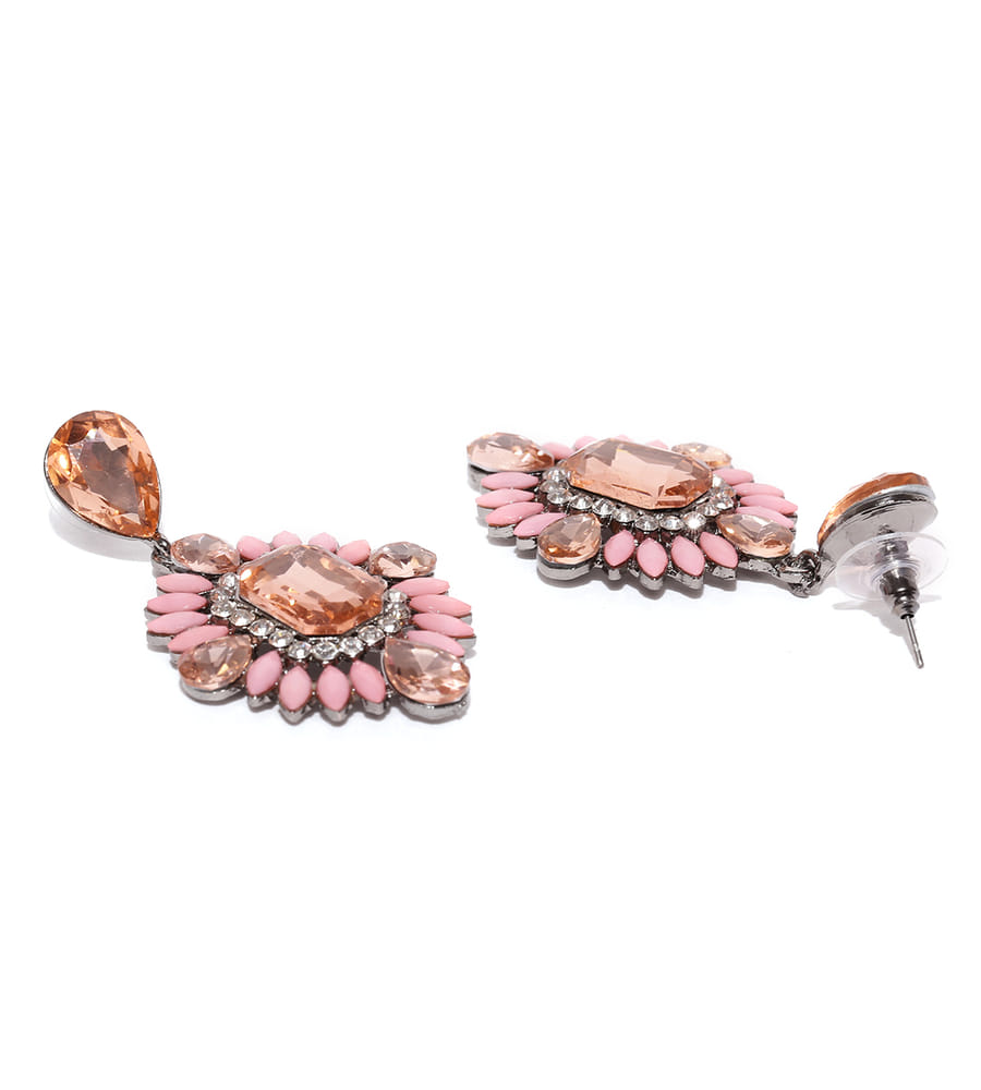 YouBella Pink  Peach-Coloured Stone-Studded Drop Earrings