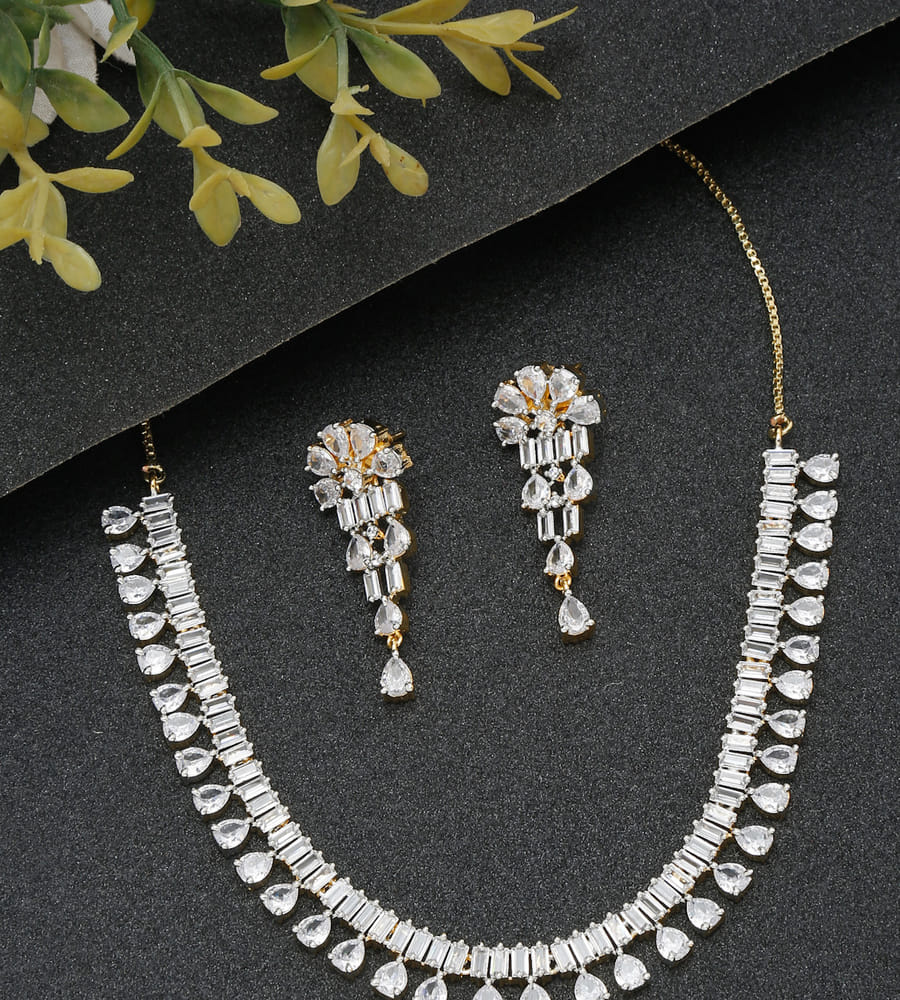 YouBella Jewellery Celebrity Inspired American Diamond Studded Necklace Jewellery Set with Earrings for Girls and Women (Gold) (YBNK_50543)