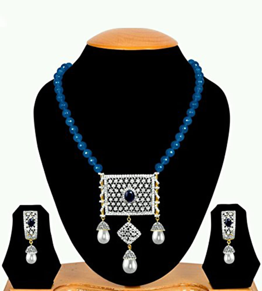 YouBella American Diamond Gold Plated Exclusive Necklace Set/Jewellery Set with Earrings for Girls and Women (Blue)