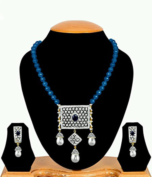YouBella American Diamond Gold Plated Exclusive Necklace Set/Jewellery Set with Earrings for Girls and Women (Blue)