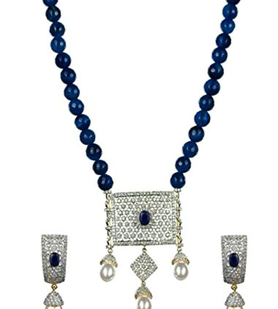 YouBella American Diamond Gold Plated Exclusive Necklace Set/Jewellery Set with Earrings for Girls and Women (Blue)