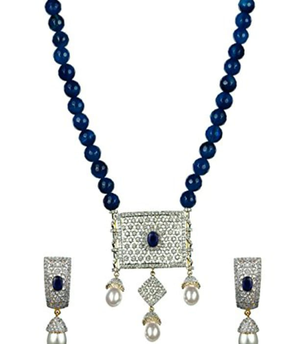 YouBella American Diamond Gold Plated Exclusive Necklace Set/Jewellery Set with Earrings for Girls and Women (Blue)