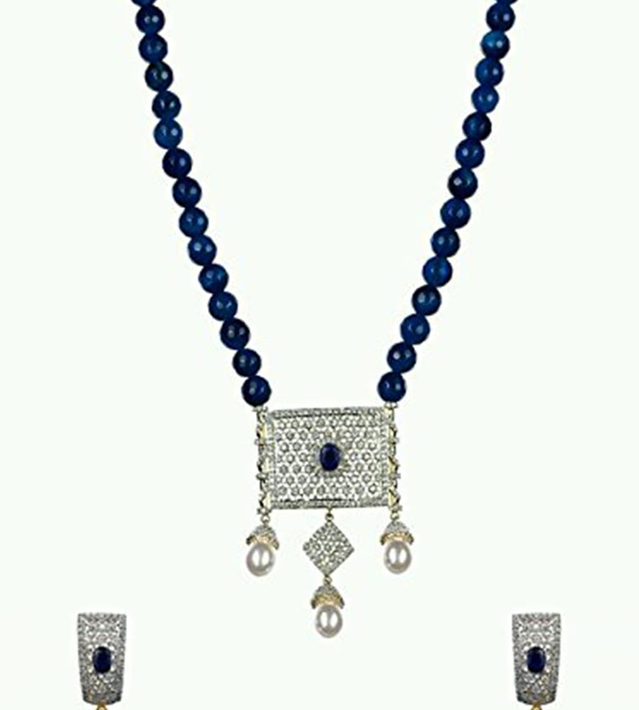 YouBella American Diamond Gold Plated Exclusive Necklace Set/Jewellery Set with Earrings for Girls and Women (Blue)