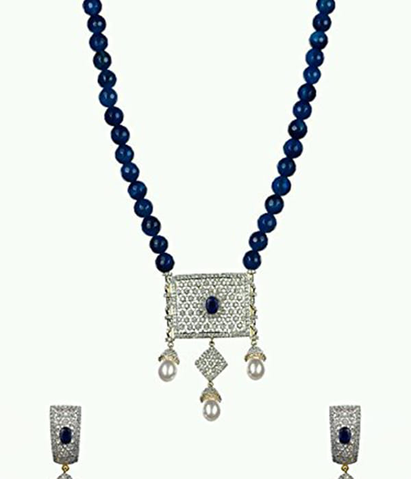YouBella American Diamond Gold Plated Exclusive Necklace Set/Jewellery Set with Earrings for Girls and Women (Blue)