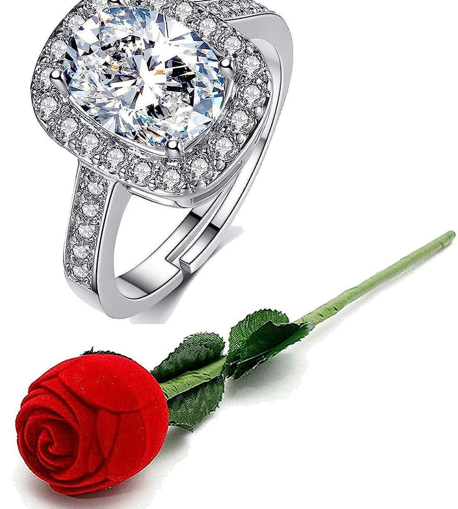 YouBella Valentine Gifts Rose Box with Crystal Ring Silver Plated Ring for Men (Silver and Red) (YBRG_20082)