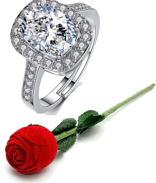 YouBella Valentine Gifts Rose Box with Crystal Ring Silver Plated Ring for Men (Silver and Red) (YBRG_20082)