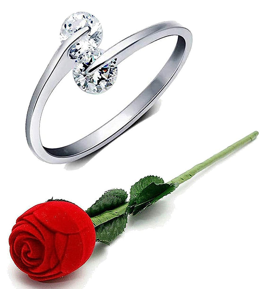 YouBella Valentine Gifts Rose Box with Crystal Ring Silver Plated Ring for Men (Silver and Red) (YBRG_20083)