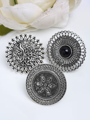 YouBellaSet Of 3 Oxidised Silver-Plated Black Stone-Studded Adjustable Finger Ring