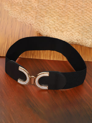 YouBella Women Fashion Jewellery Gold-Toned Stretchable Black Waist Belt With Black leather  for Women and Girls